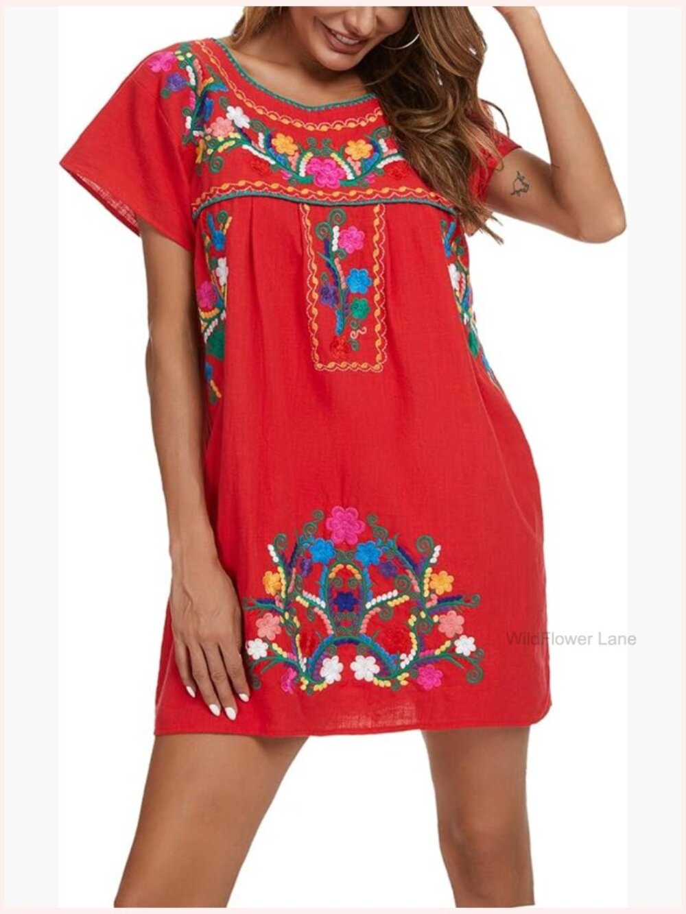 100% Cotton Embroidered Boho A-Line Midi Dress Short Sleeve